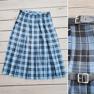 Lochcarron of Scotland Blue Black Clergy Plaid Wool Kilt Buckle Wrap Skirt 10/12